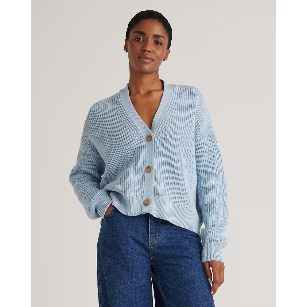Quince | Fisherman Boxy Cropped Cardigan XL Blue Organic Cotton SGK001